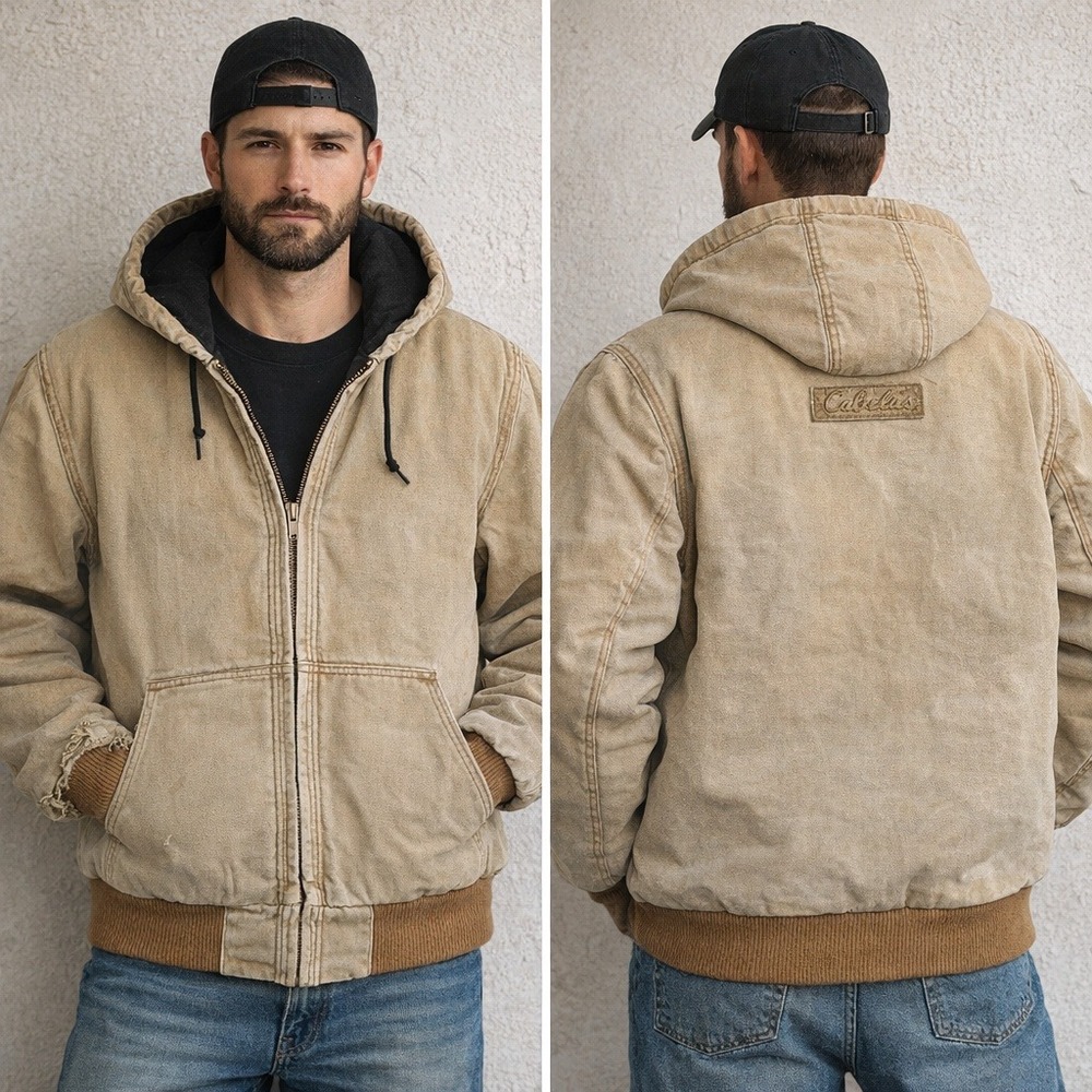 Vintage Cabela's Duck Canvas‎ Hooded Work Jacket Tan Insulated Distressed M